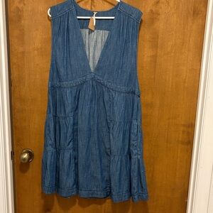 428. Free People Sleeveless V-Neck Denim Tiered Mini Dress - Blue